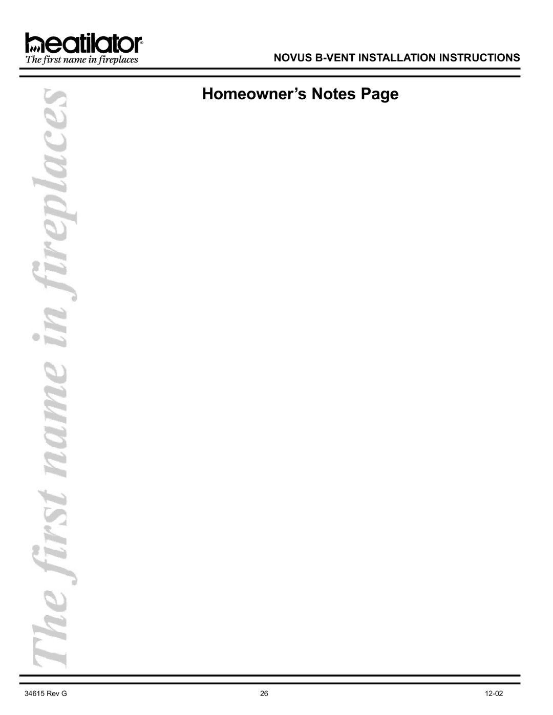 Hearth and Home Technologies GNBC33, GNBC30, GNBC36 manual Homeowner’s Notes 