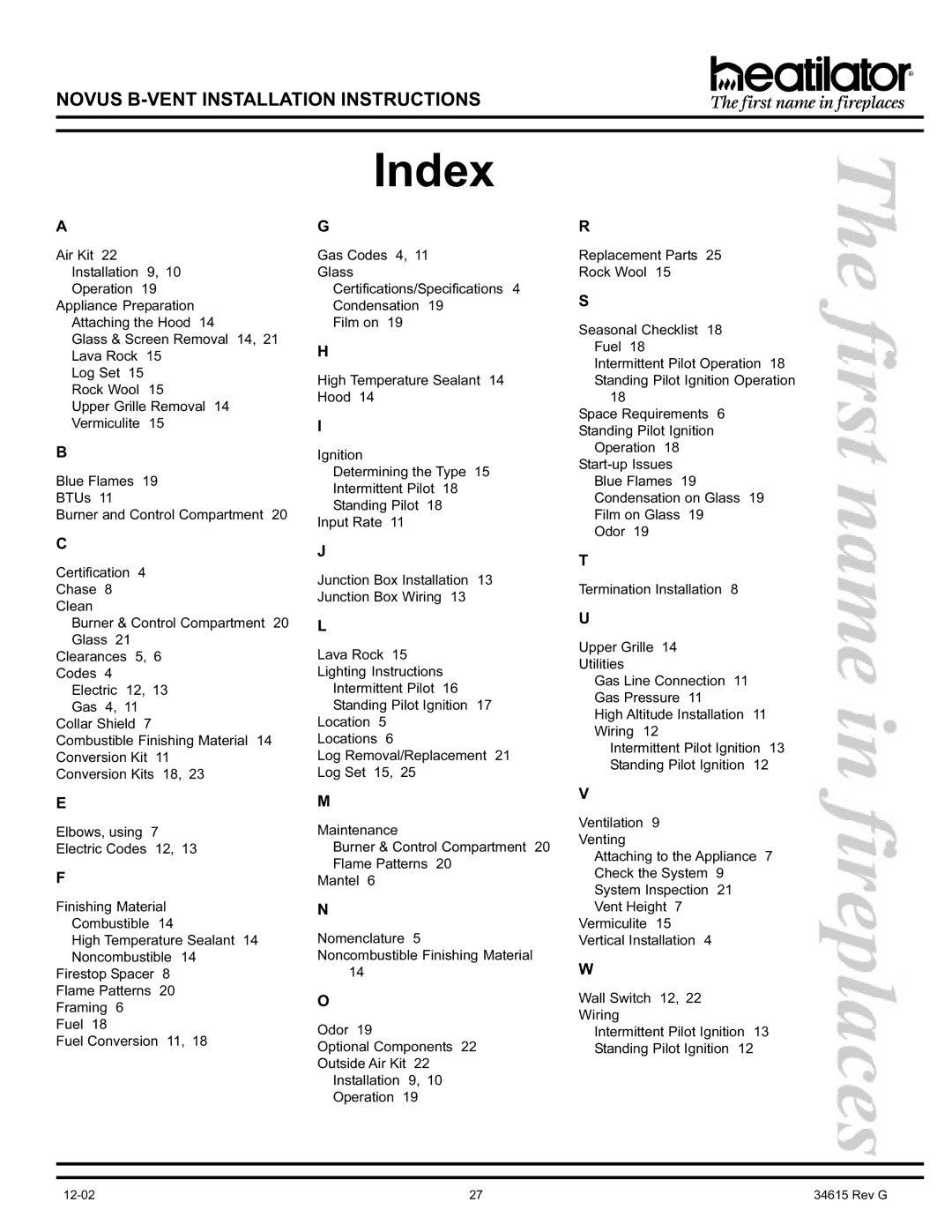 Hearth and Home Technologies GNBC30, GNBC36, GNBC33 manual Index 