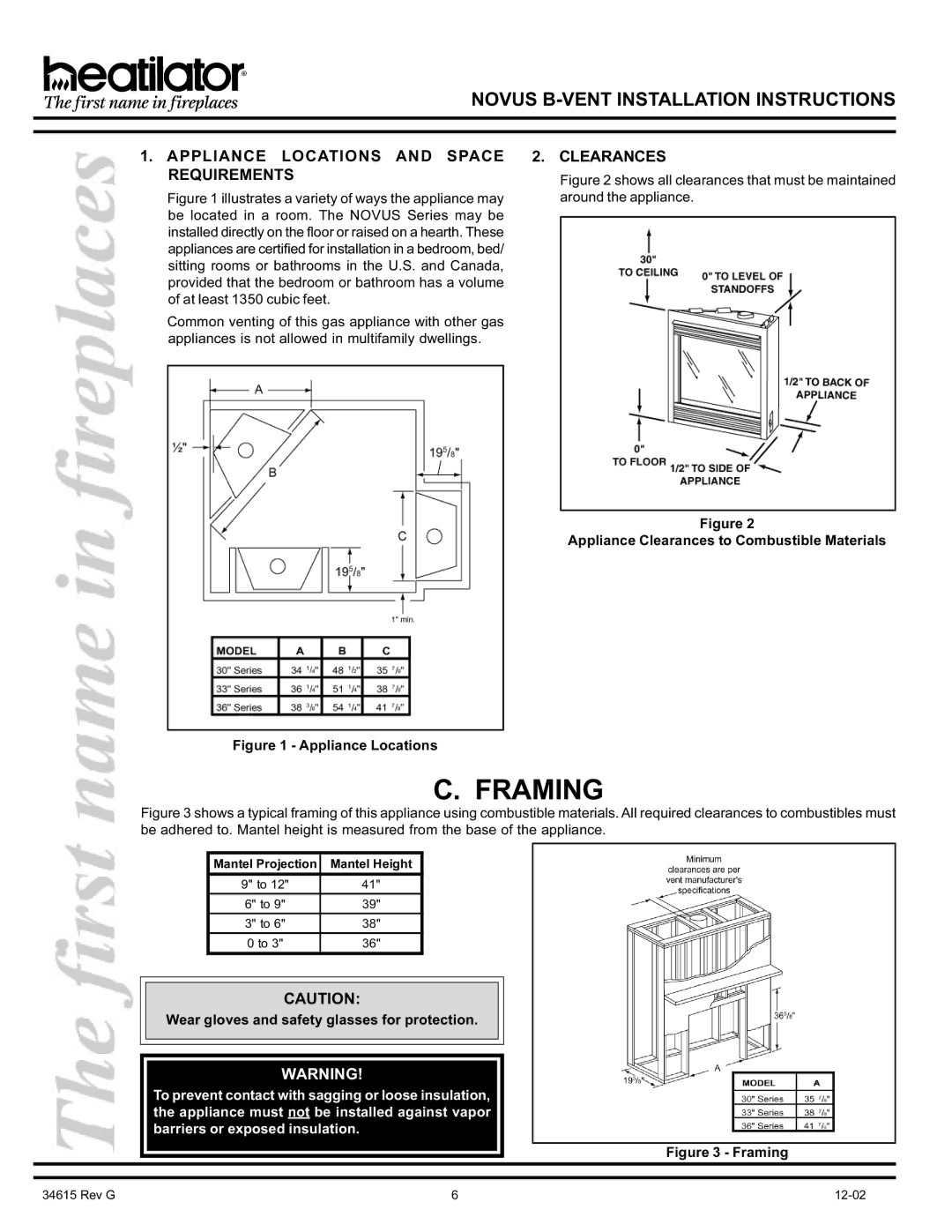 Hearth and Home Technologies GNBC30, GNBC36, GNBC33 manual Framing, Appliance Locations and Space Requirements, Clearances 