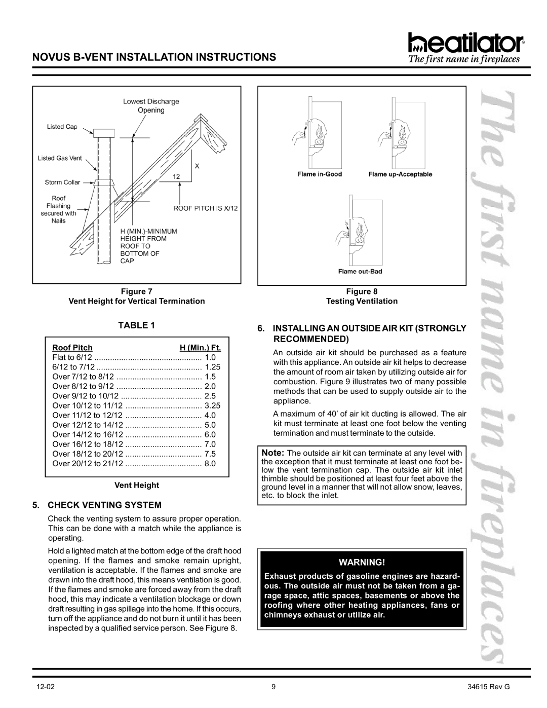 Hearth and Home Technologies GNBC30 Check Venting System, Installing AN Outside AIR KIT Strongly Recommended, Vent Height 