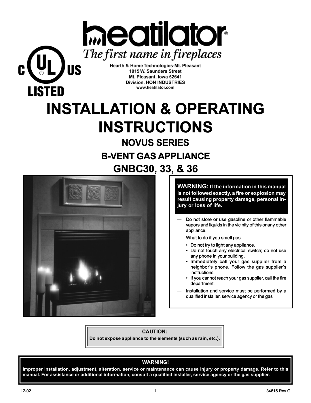 Hearth and Home Technologies GNBC36 manual Installation & Operating Instructions, Novus Series B-Ventgas Appliance, GNBC30 