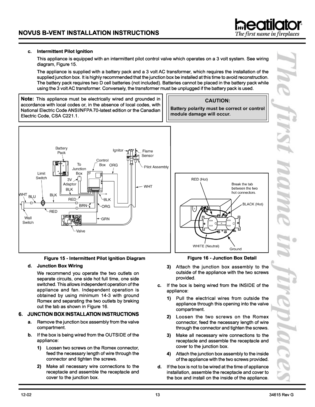 Hearth and Home Technologies GNBC36, GNBC30 Junction Box Installation Instructions, Novus B-Ventinstallation Instructions 