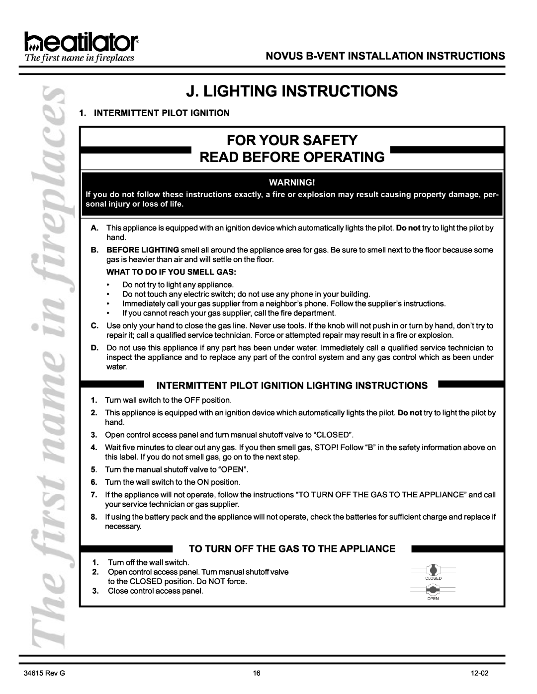 Hearth and Home Technologies GNBC36, GNBC30, GNBC33 manual J. Lighting Instructions, For Your Safety Read Before Operating 