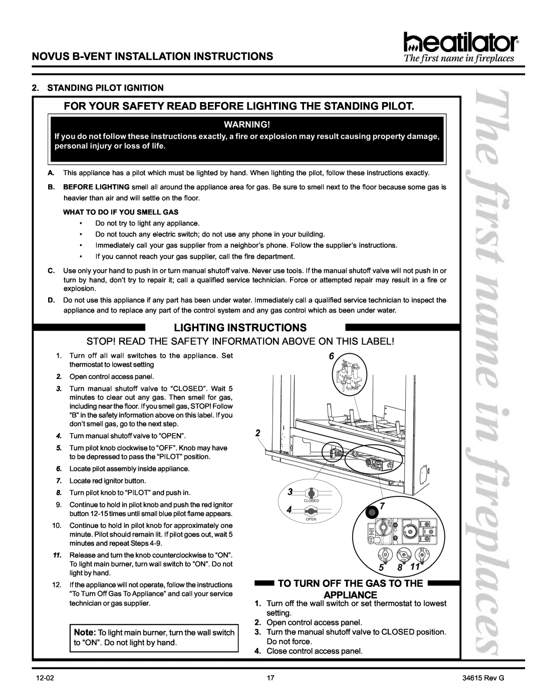 Hearth and Home Technologies GNBC33 Lighting Instructions, Standing Pilot Ignition, Novus B-Ventinstallation Instructions 