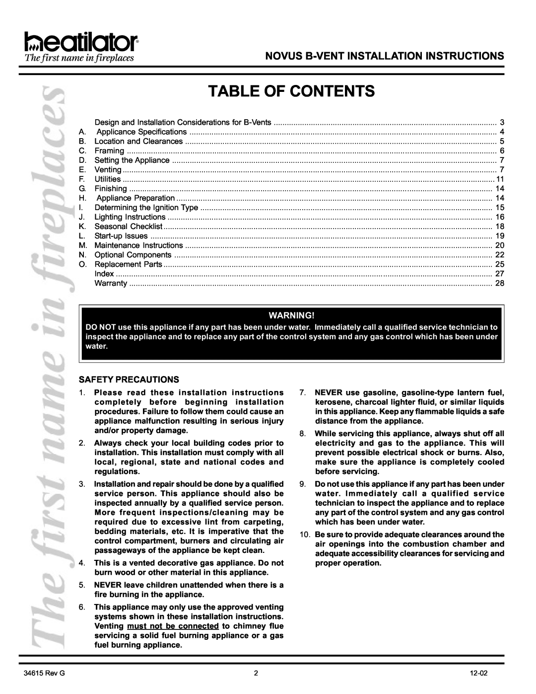 Hearth and Home Technologies GNBC33, GNBC30 Table Of Contents, Novus B-Ventinstallation Instructions, Safety Precautions 