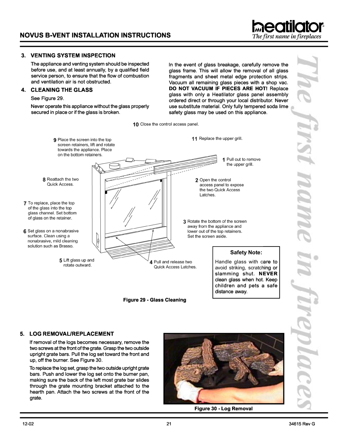 Hearth and Home Technologies GNBC30 Venting System Inspection, Cleaning The Glass, Safety Note, Log Removal/Replacement 