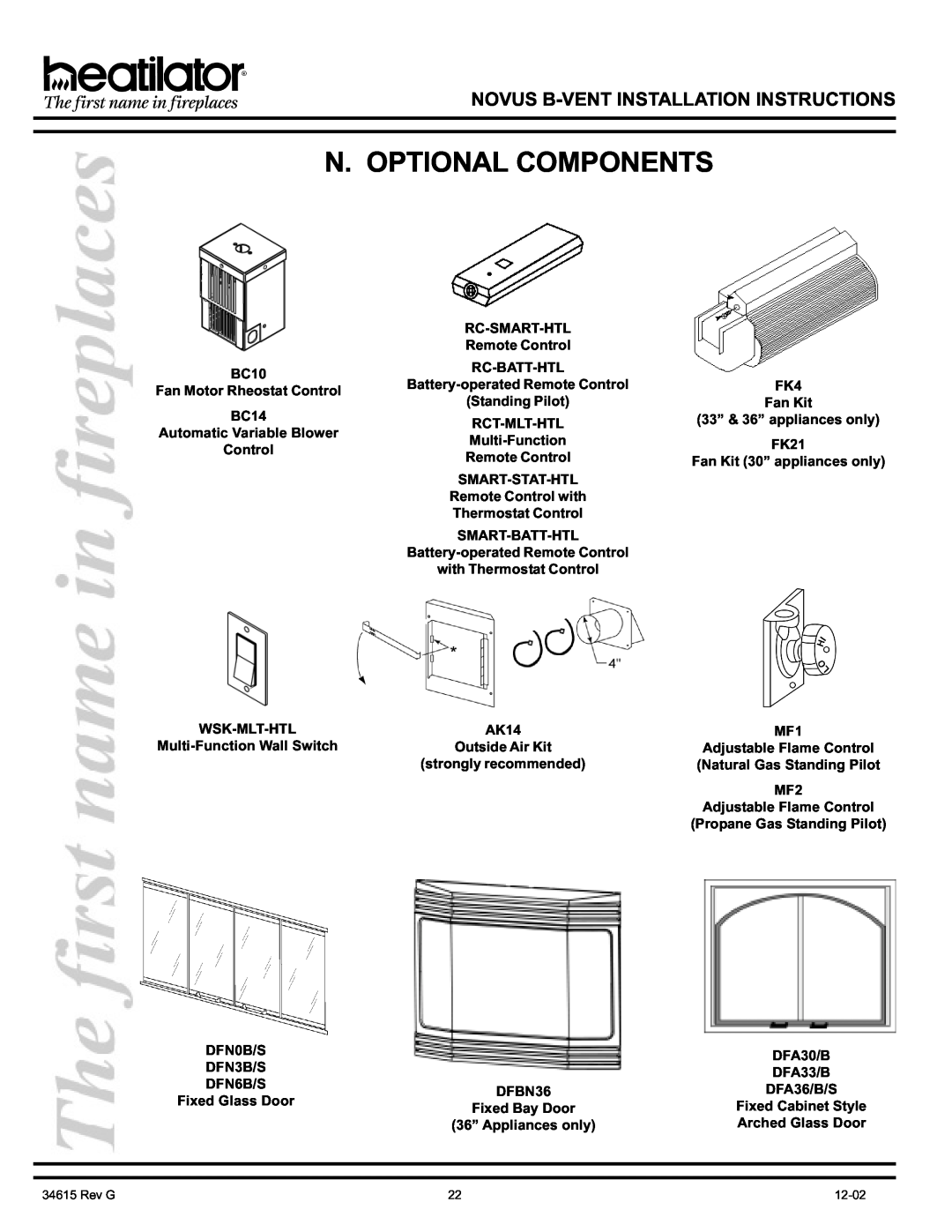Hearth and Home Technologies GNBC36 manual N. Optional Components, Novus B-Ventinstallation Instructions, Fixed Glass Door 