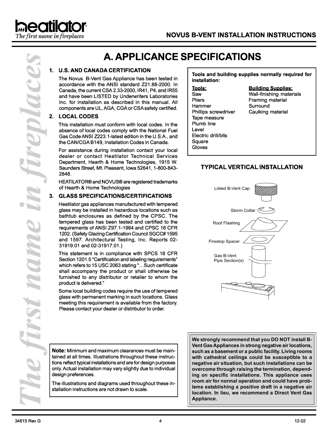 Hearth and Home Technologies GNBC36 manual A. Applicance Specifications, Typical Vertical Installation, Local Codes, Tools 