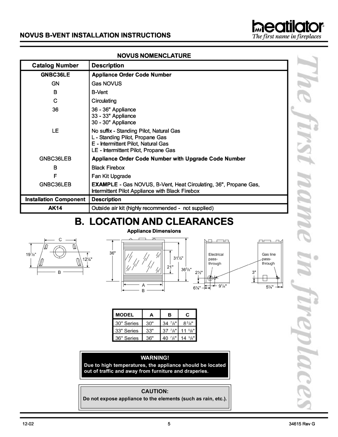 Hearth and Home Technologies GNBC33 B. Location And Clearances, Novus Nomenclature, GNBC36LE, Appliance Order Code Number 