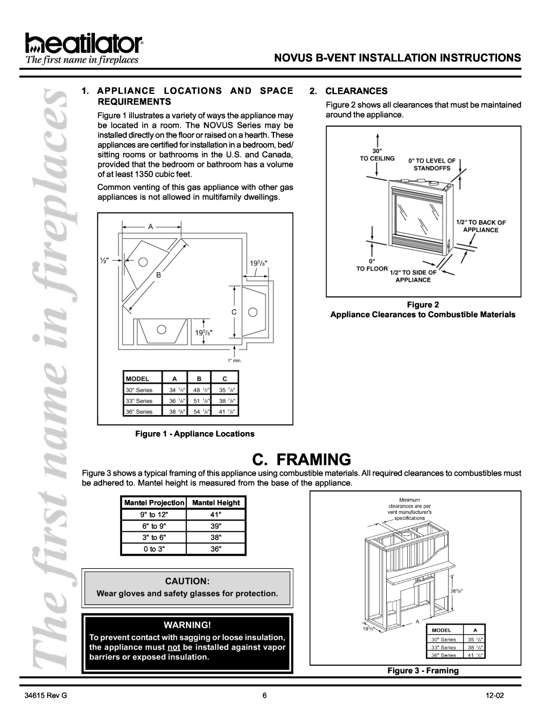 Hearth and Home Technologies GNBC30, GNBC36, GNBC33 manual C. Framing, Appliance Locations And Space Requirements, Clearances 