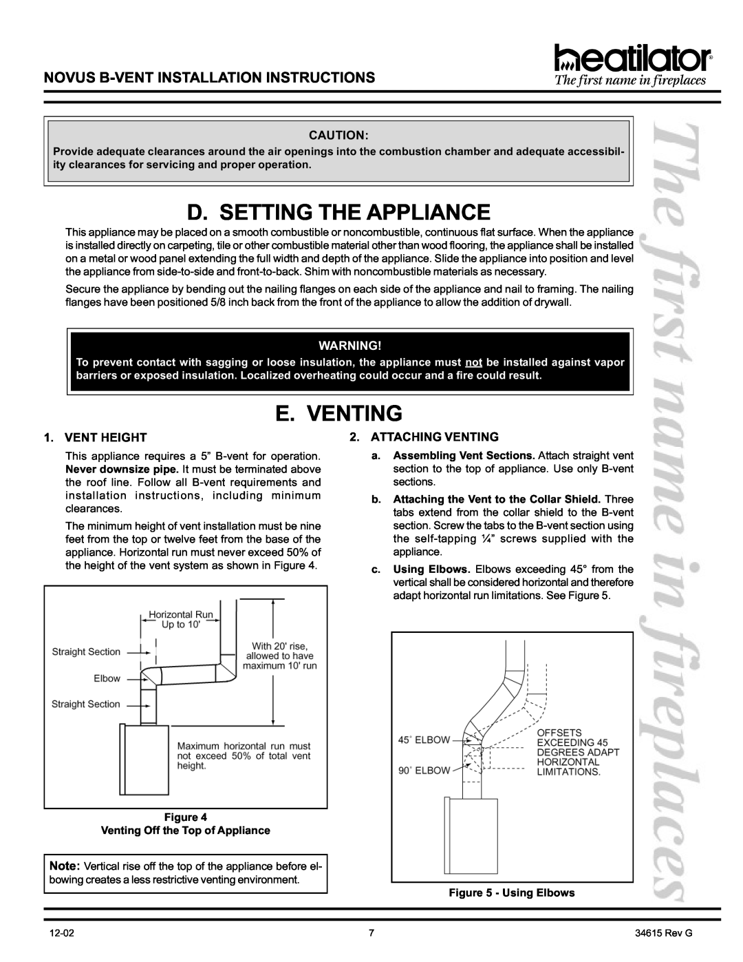 Hearth and Home Technologies GNBC36 D. Setting The Appliance, E. Venting, Vent Height, Attaching Venting, Using Elbows 