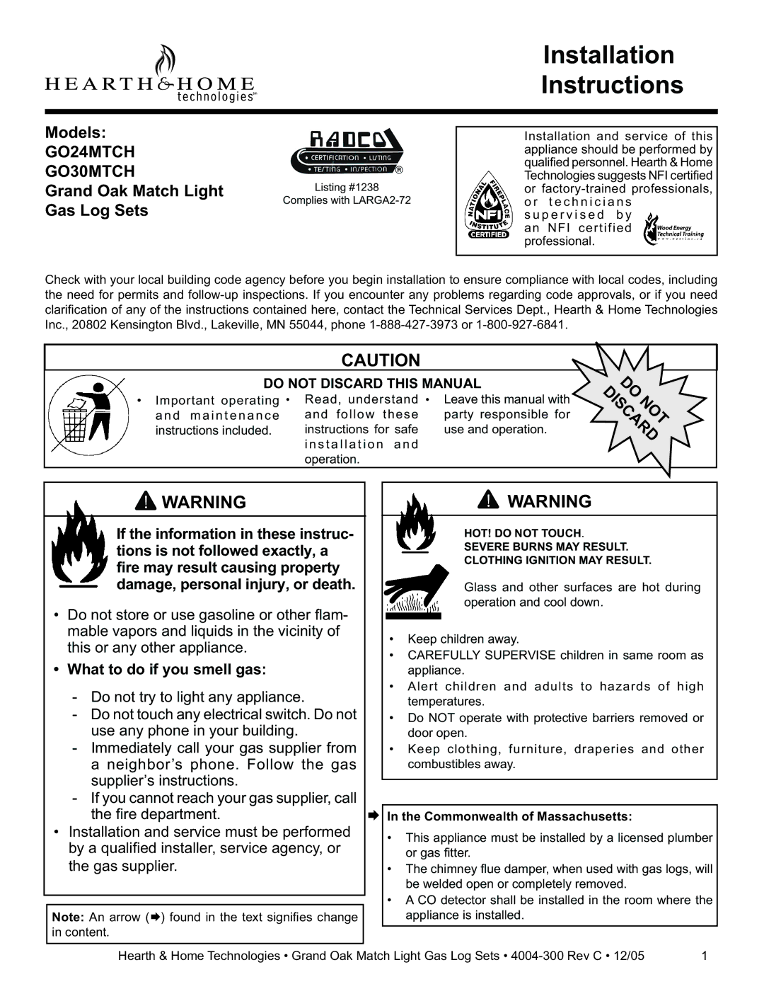 Hearth and Home Technologies GO30MTCH installation instructions What to do if you smell gas, Commonwealth of Massachusetts 