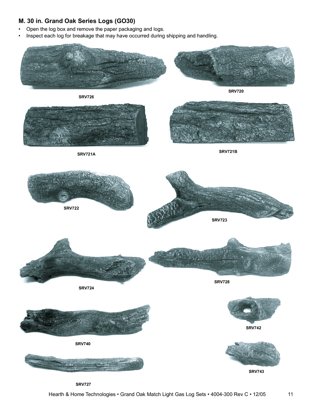 Hearth and Home Technologies GO30MTCH, GO24MTCH installation instructions 30 in. Grand Oak Series Logs GO30 