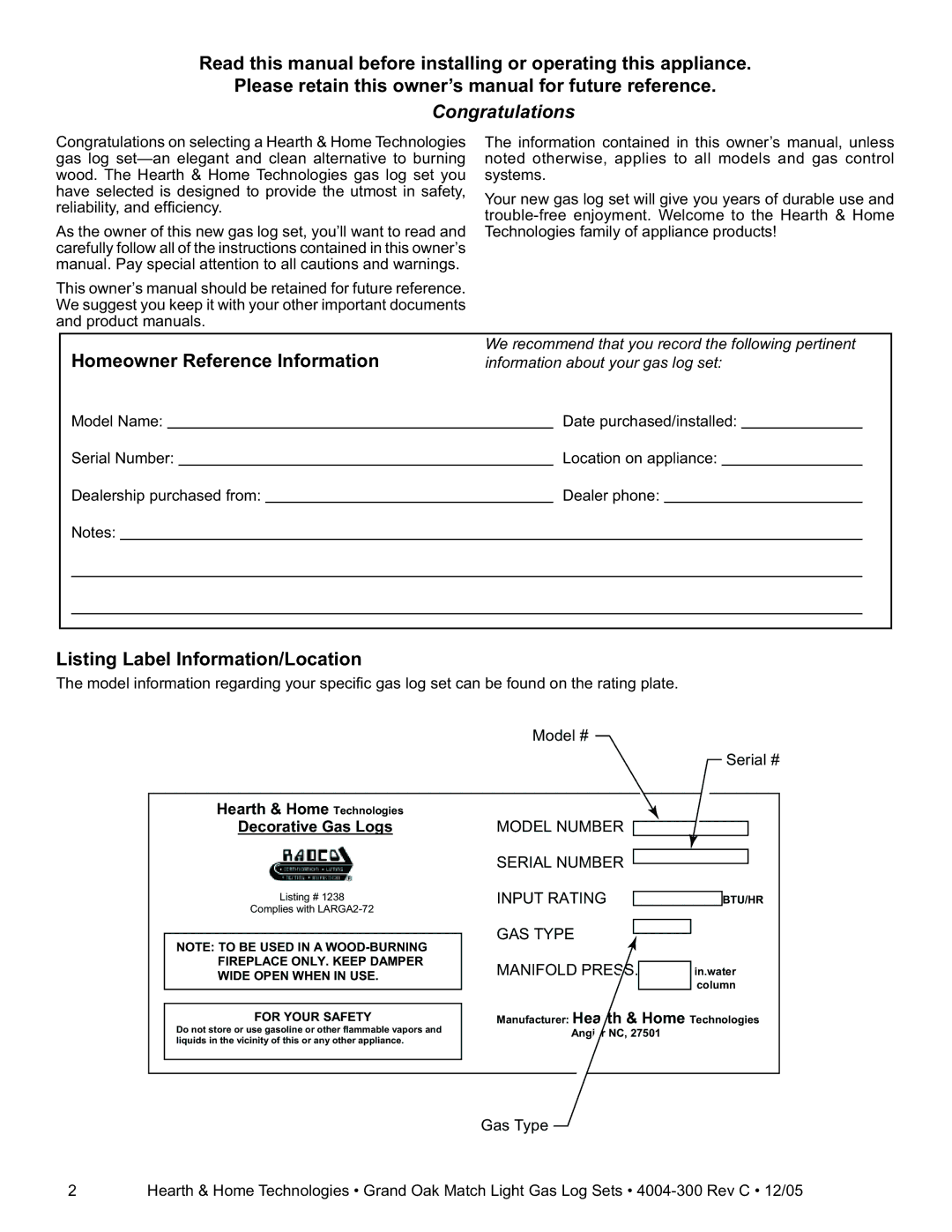 Hearth and Home Technologies GO24MTCH, GO30MTCH Homeowner Reference Information, Listing Label Information/Location 