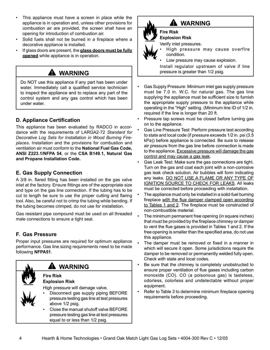 Hearth and Home Technologies GO24MTCH, GO30MTCH Appliance Certiﬁcation, Gas Supply Connection, Gas Pressure 