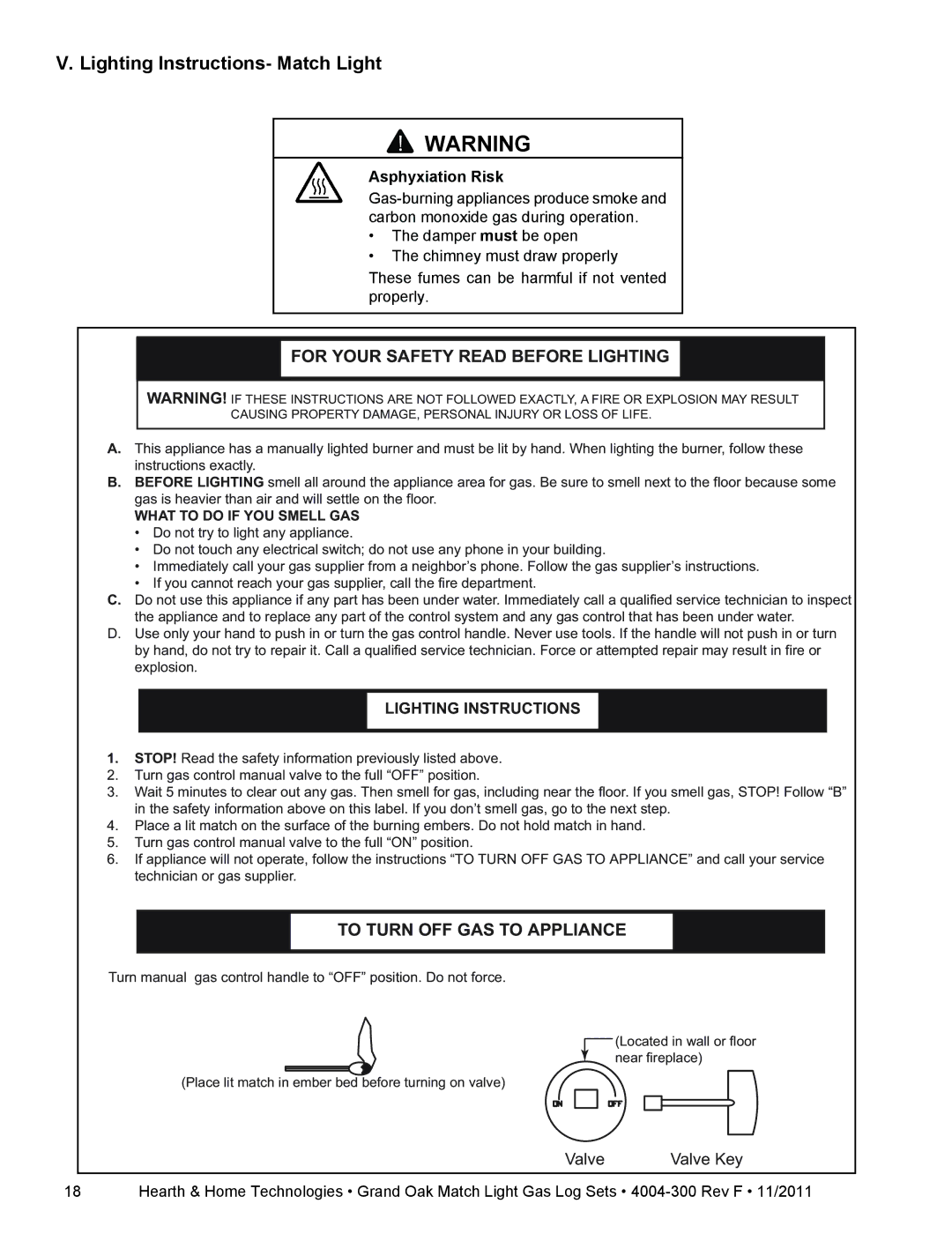 Hearth and Home Technologies GO318MTCH, GO324MTCH Lighting Instructions- Match Light, For Your Safety Read Before Lighting 