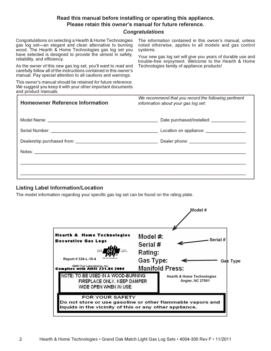 Hearth and Home Technologies GO330MTCH Homeowner Reference Information, Listing Label Information/Location, Gas Type 