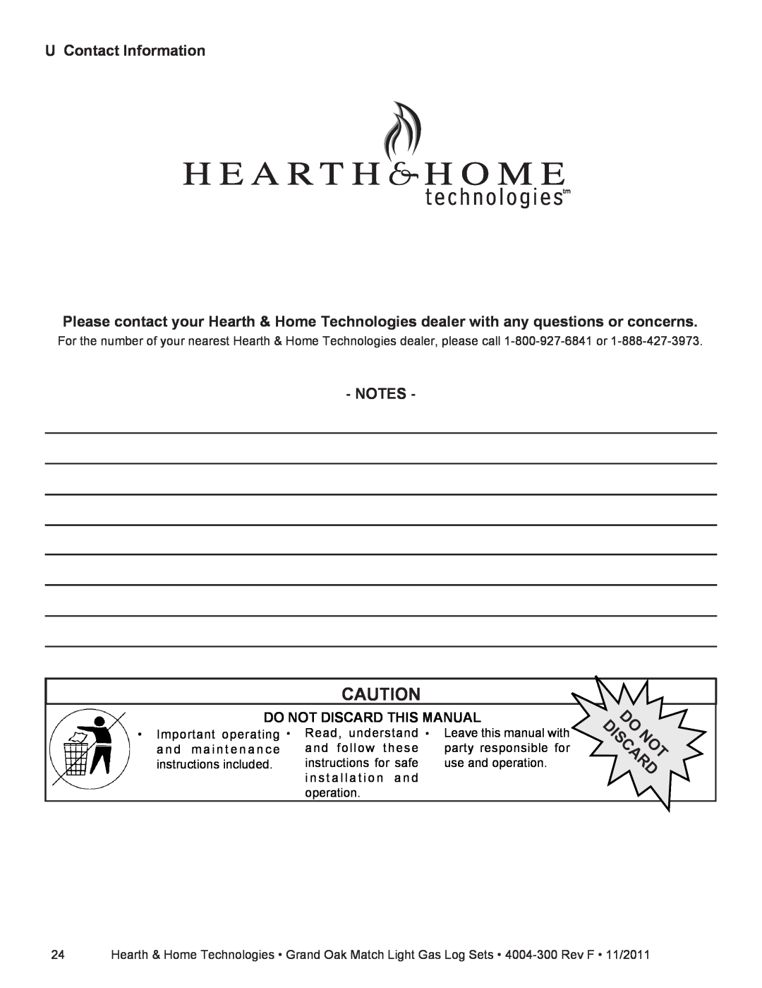 Hearth and Home Technologies GO318MTCH, GO324MTCH, GO330MTCH U Contact Information, Do Not Discard This Manual 