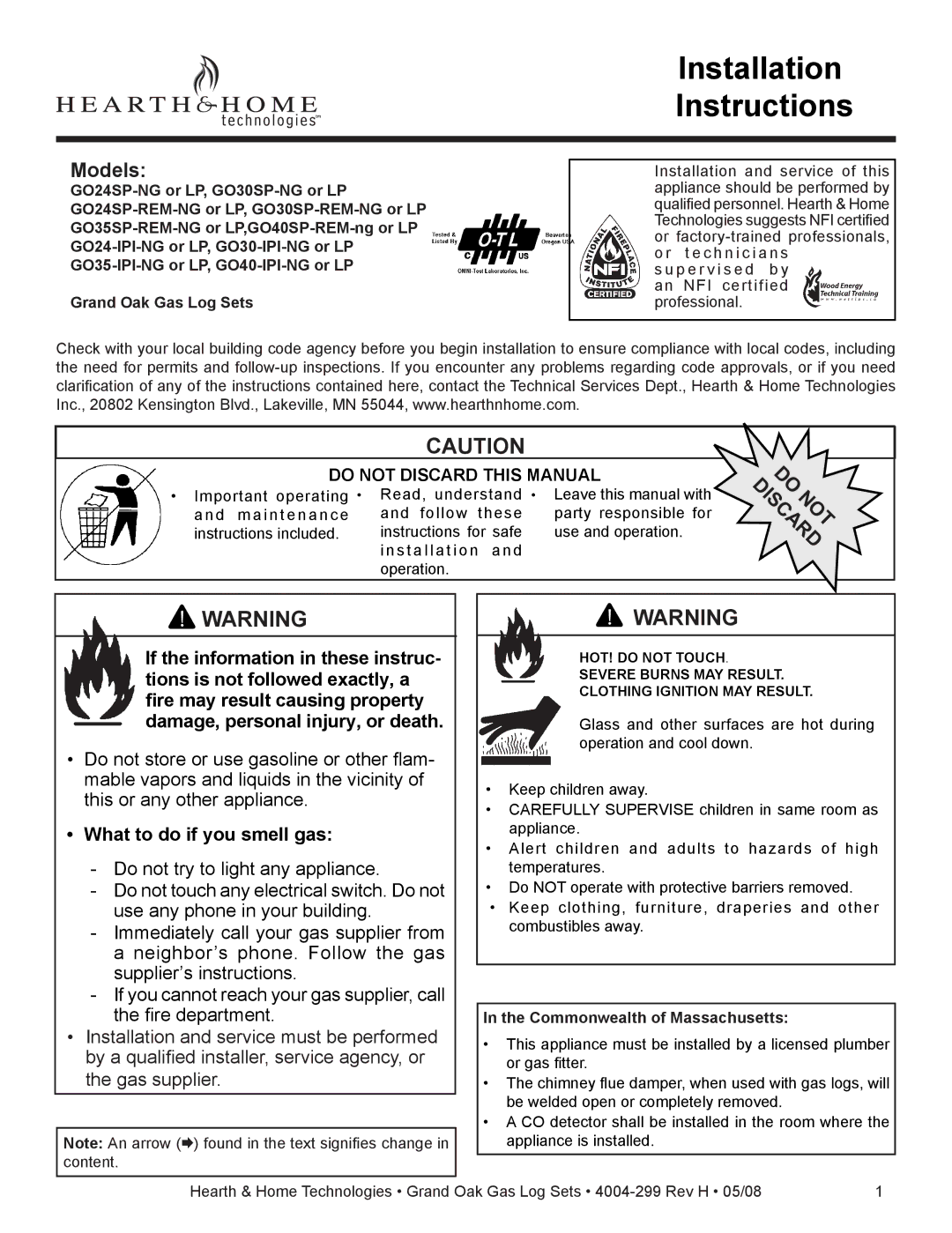 Hearth and Home Technologies GO24SP-REM-LP, GO35SP-REM-NG, GO30SP-LP installation instructions What to do if you smell gas 