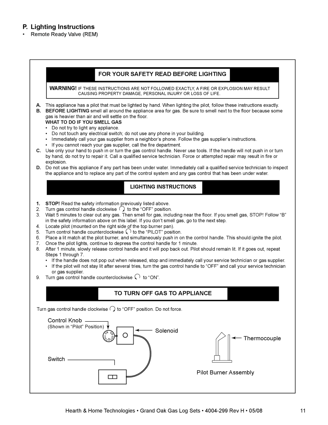 Hearth and Home Technologies GO30SP-NG or LP, GO35SP-REM-NG Lighting Instructions, For Your Safety Read Before Lighting 