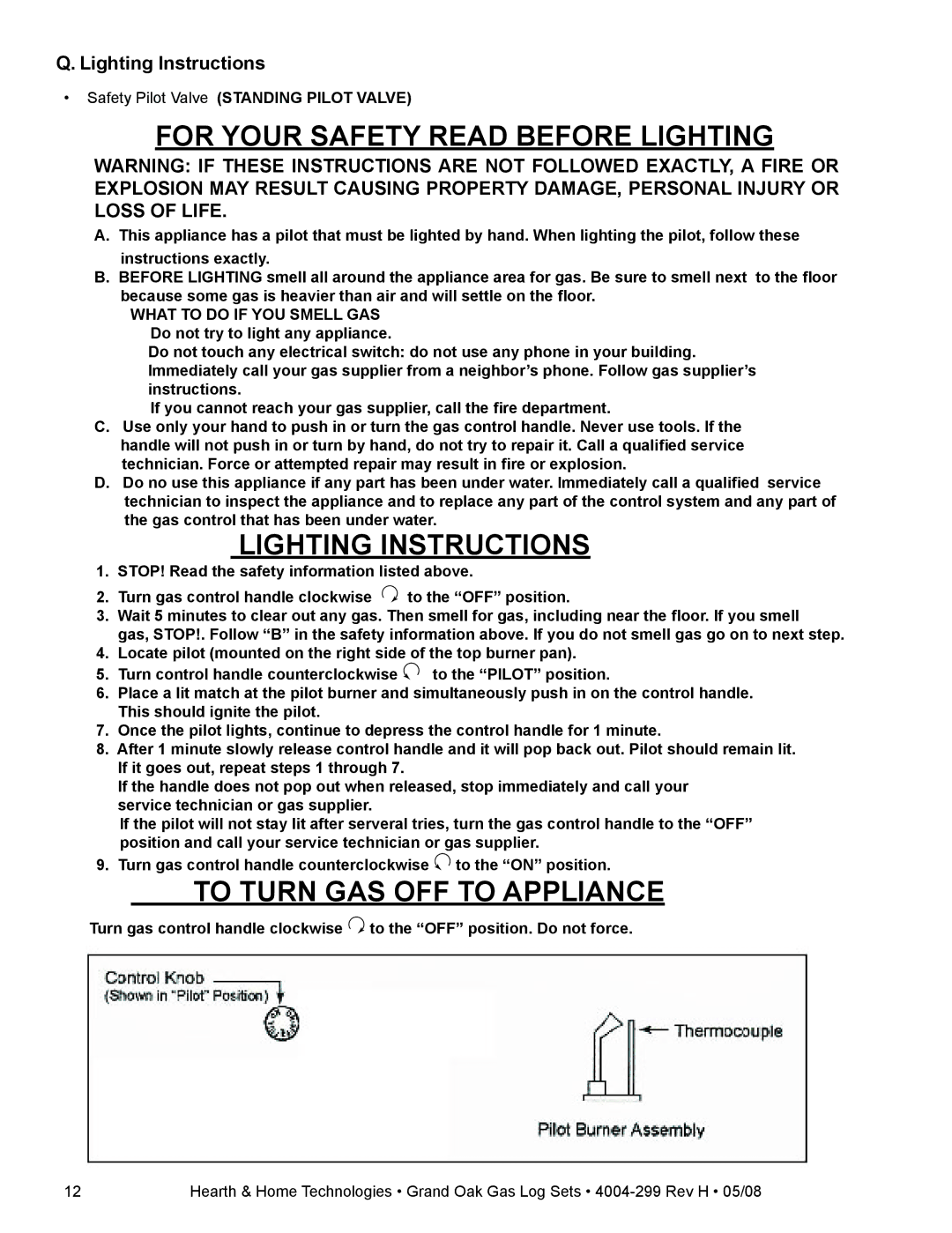 Hearth and Home Technologies GO24SP-NG For Your Safety Read Before Lighting, Safety Pilot Valve Standing Pilot Valve 