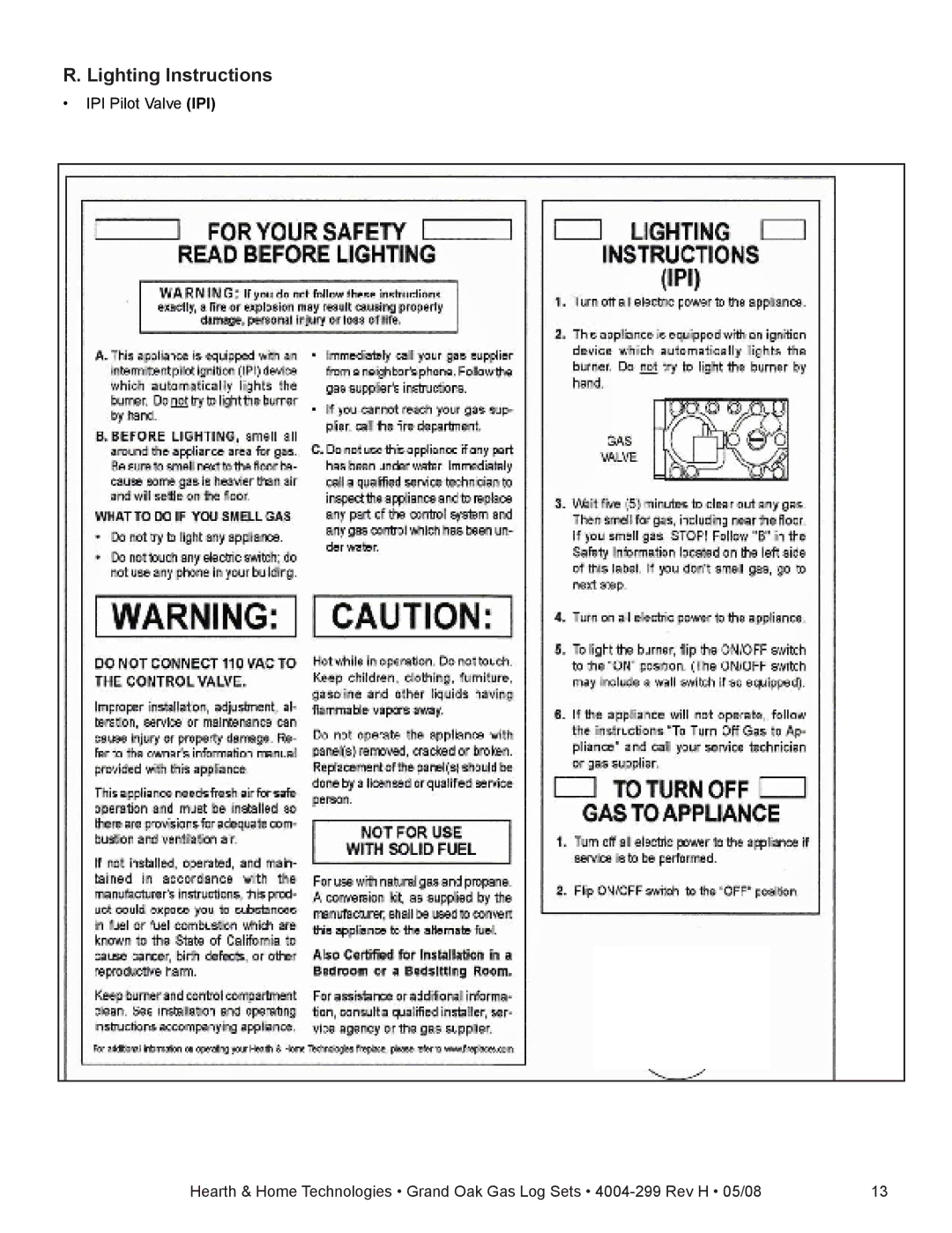 Hearth and Home Technologies GO24-IPI-LP, GO35SP-REM-NG, GO24SP-REM-LP, GO30-IPI-NG, GO40-IPI-NG Lighting Instructions 