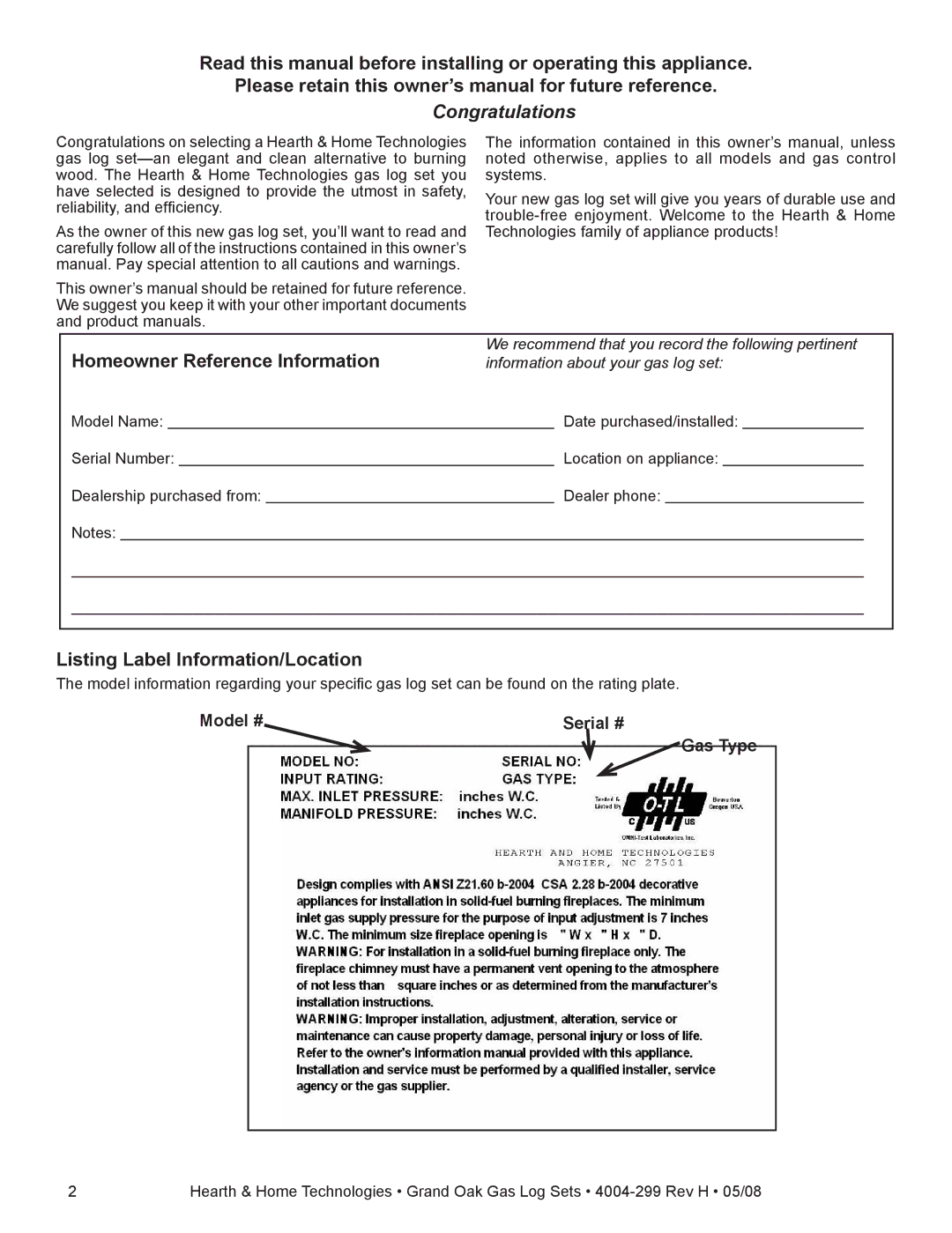 Hearth and Home Technologies GO30-IPI-NG, GO40-IPI-NG Homeowner Reference Information, Listing Label Information/Location 