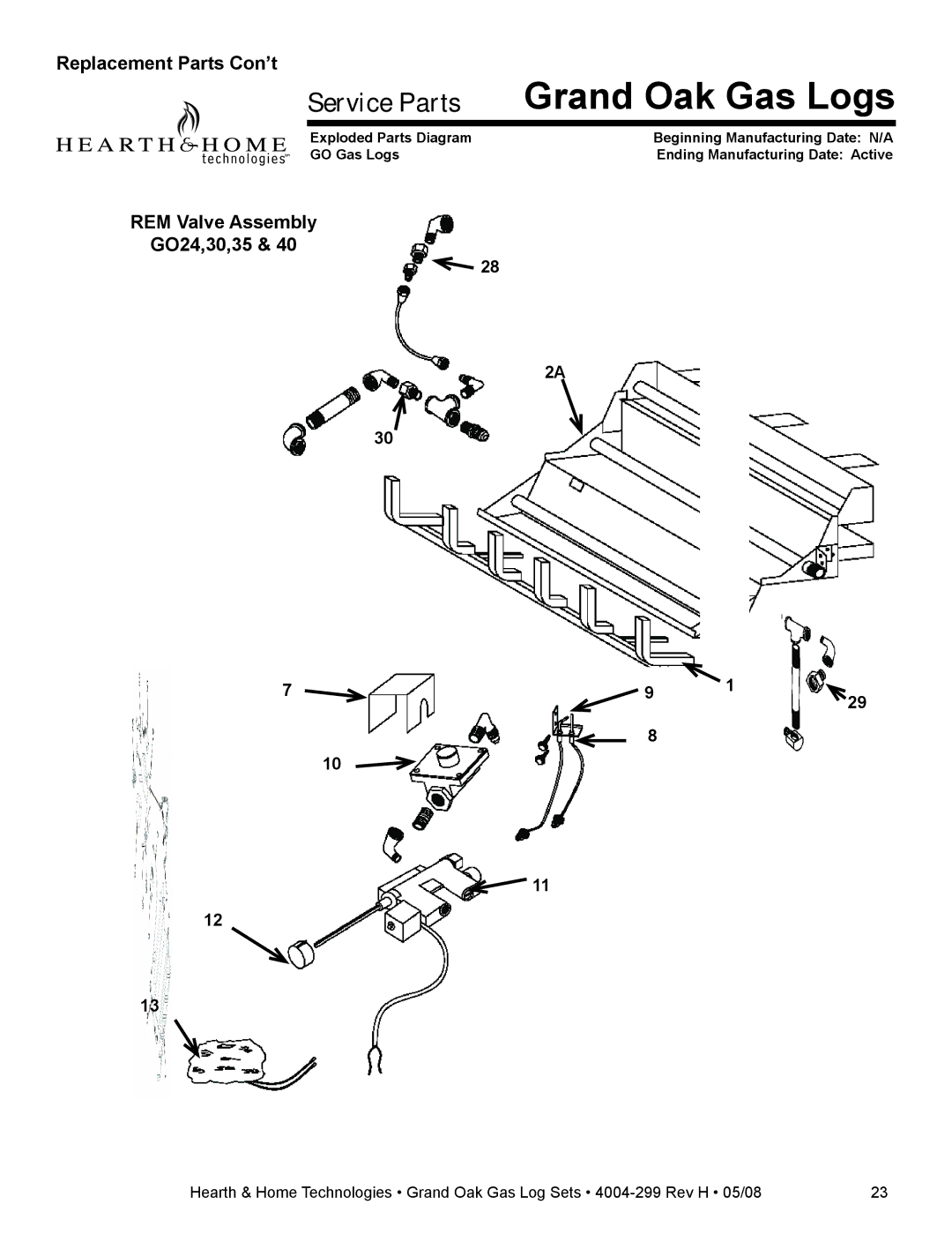 Hearth and Home Technologies GO30-IPI-NG, GO35SP-REM-NG, GO40-IPI-NG Replacement Parts Con’t, REM Valve Assembly GO24,30,35 