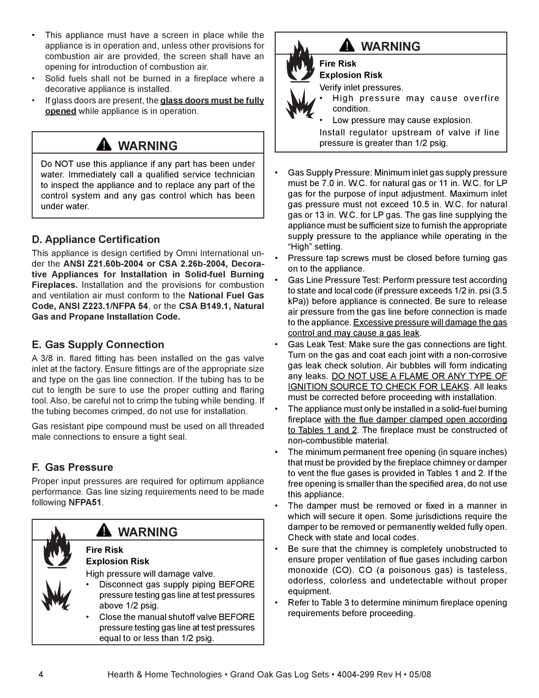 Hearth and Home Technologies GO35-IPI-LP, GO35SP-REM-NG Appliance Certification, Gas Supply Connection, Gas Pressure 