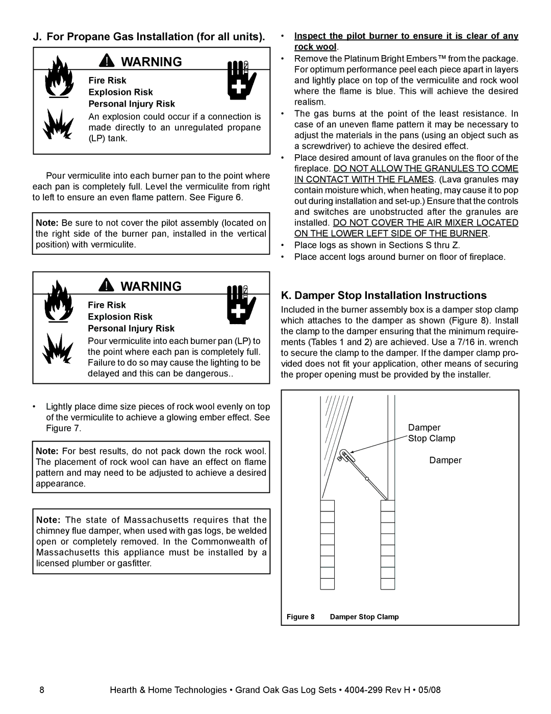 Hearth and Home Technologies GO30SP-LP For Propane Gas Installation for all units, Damper Stop Installation Instructions 