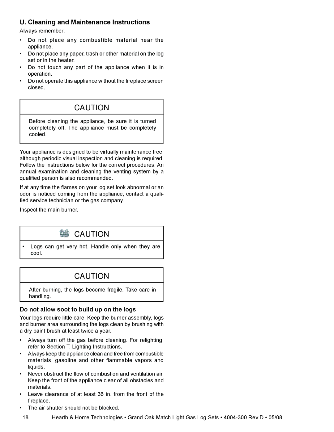 Hearth and Home Technologies GO40MTCH Cleaning and Maintenance Instructions, Do not allow soot to build up on the logs 