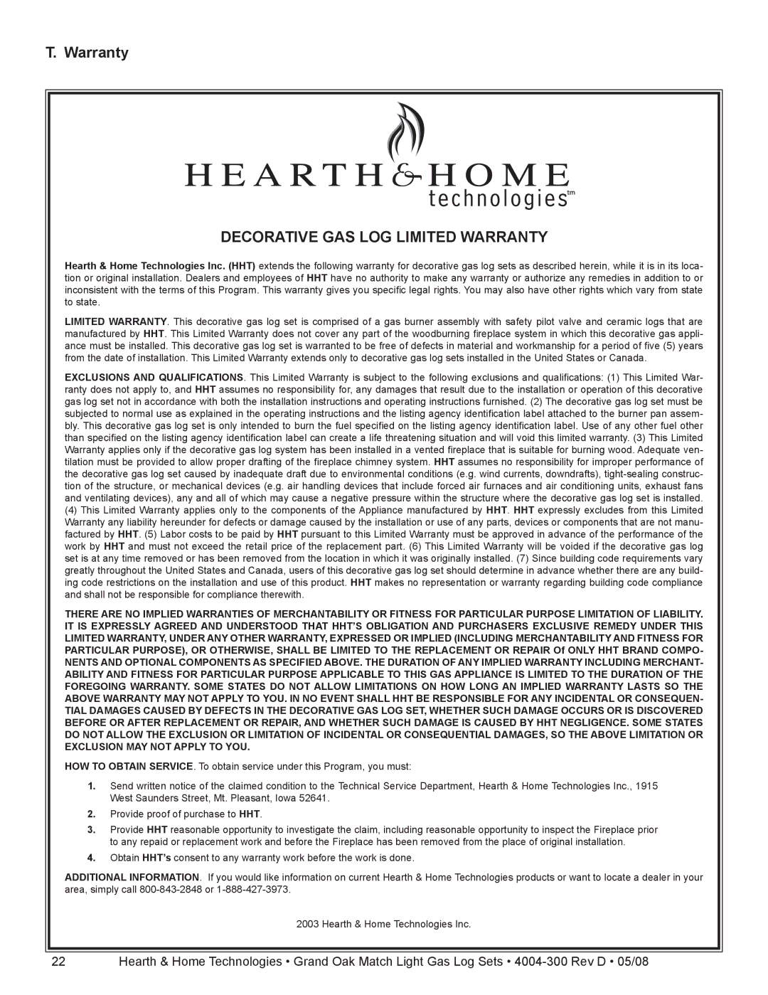 Hearth and Home Technologies GO40MTCH, GO35MTCH installation instructions Decorative GAS LOG Limited Warranty 