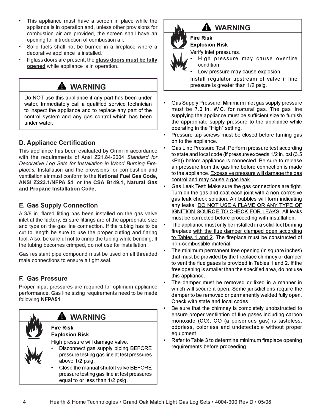 Hearth and Home Technologies GO40MTCH, GO35MTCH Appliance Certification, Gas Supply Connection, Gas Pressure 