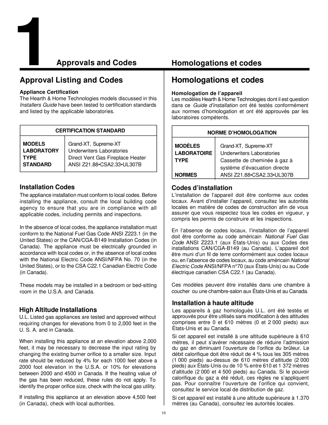 Hearth and Home Technologies Grand-XT, Supreme-XT 1Approvals and Codes Approval Listing and Codes, Homologations et codes 