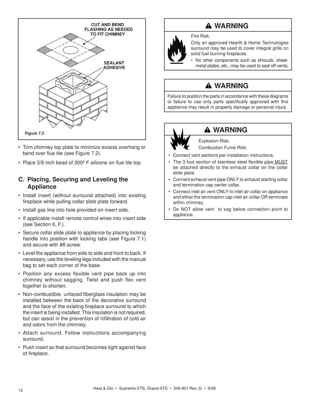 Hearth and Home Technologies Grand-XTS, Supreme-XTS owner manual Placing, Securing and Leveling the Appliance 