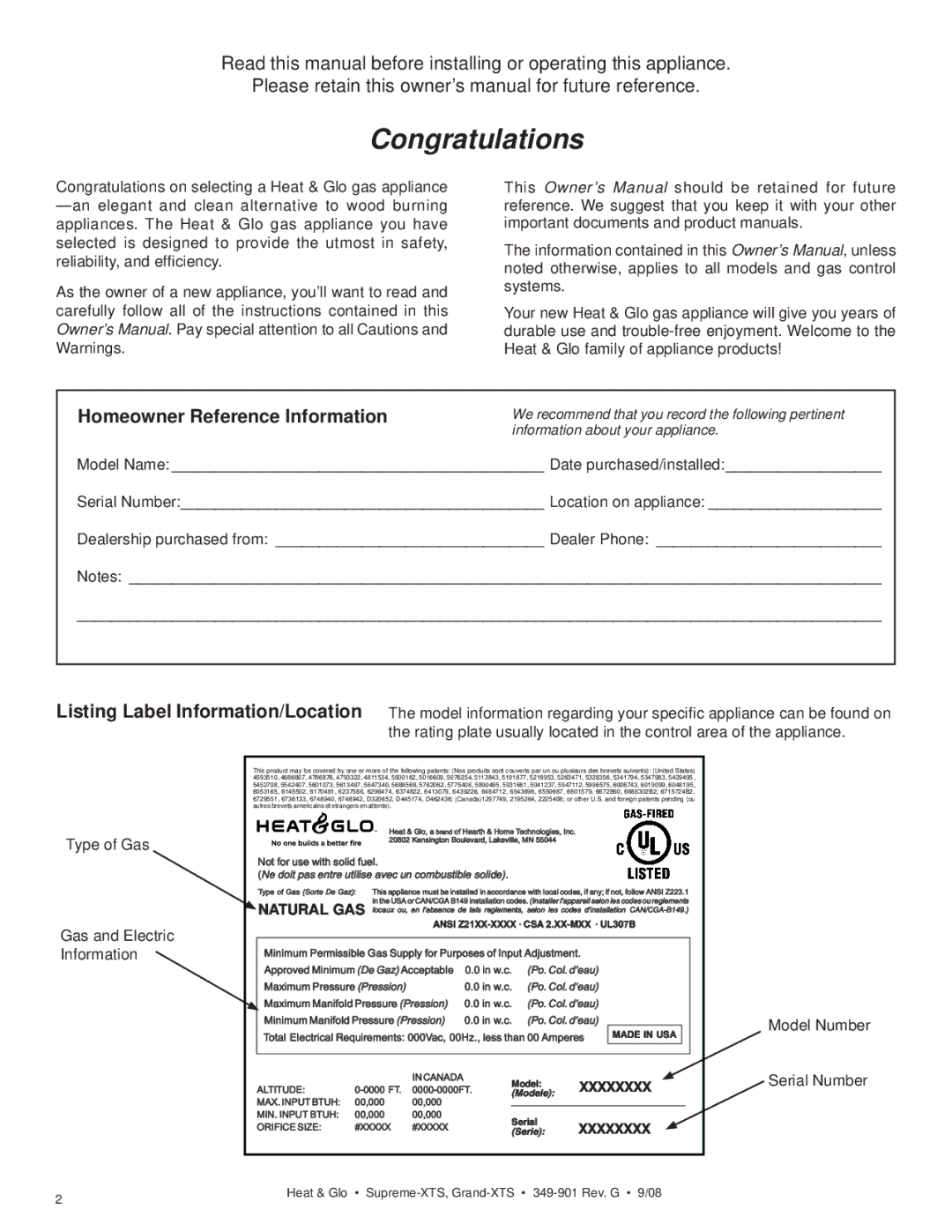 Hearth and Home Technologies Grand-XTS, Supreme-XTS owner manual Congratulations, Homeowner Reference Information 