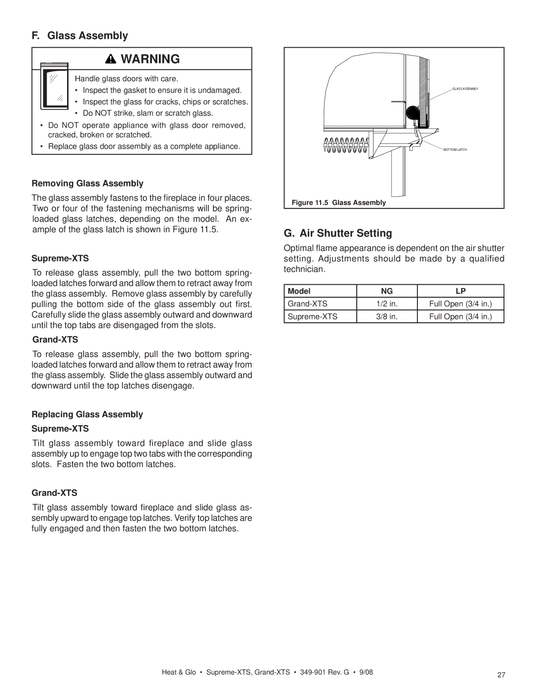 Hearth and Home Technologies Supreme-XTS, Grand-XTS owner manual Glass Assembly, Air Shutter Setting 