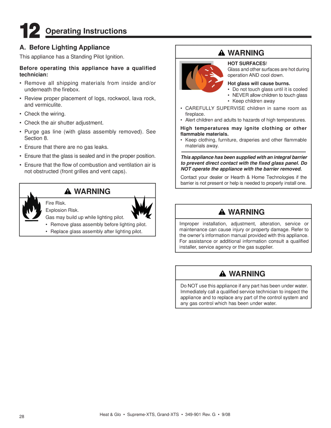 Hearth and Home Technologies Grand-XTS, Supreme-XTS owner manual Operating Instructions, Before Lighting Appliance 