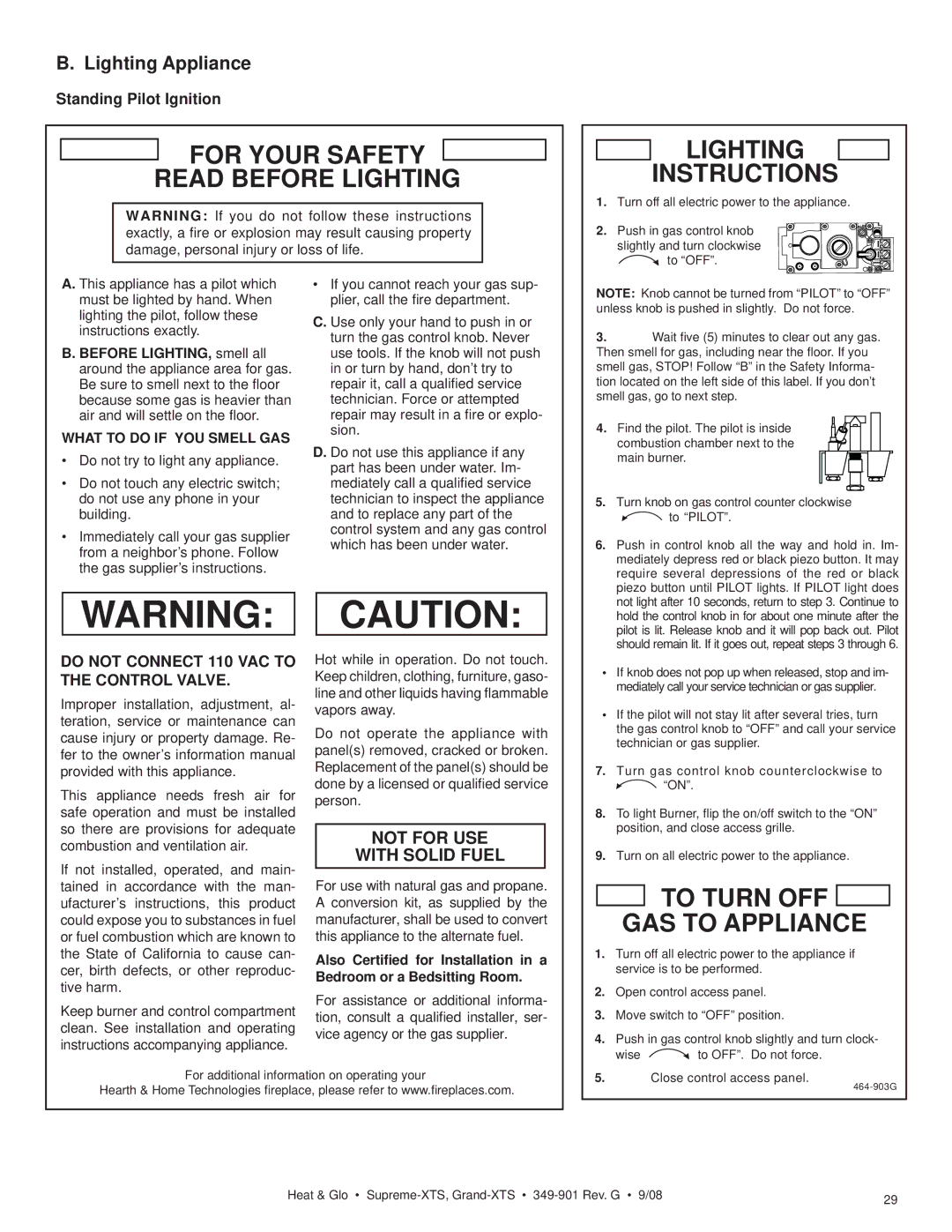 Hearth and Home Technologies Supreme-XTS, Grand-XTS owner manual Lighting Appliance, Standing Pilot Ignition 