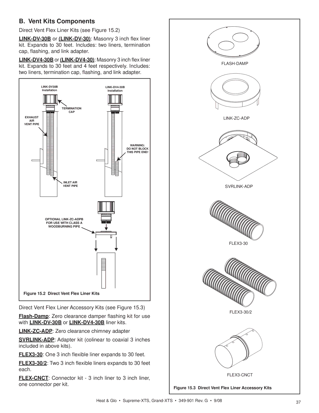 Hearth and Home Technologies Supreme-XTS, Grand-XTS owner manual Vent Kits Components, Direct Vent Flex Liner Kits 