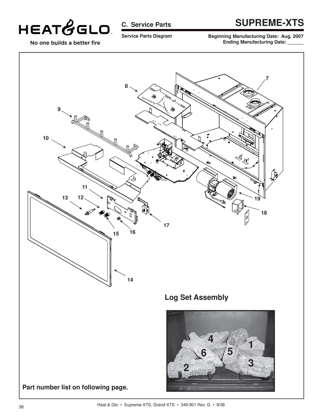 Hearth and Home Technologies Grand-XTS, Supreme-XTS Log Set Assembly, Service Parts, Part number list on following 