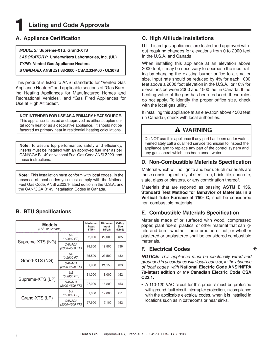 Hearth and Home Technologies Grand-XTS, Supreme-XTS owner manual Listing and Code Approvals 