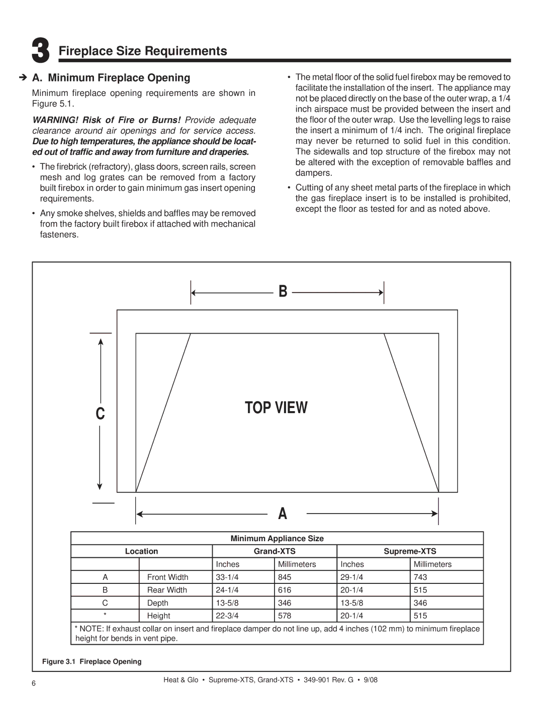 Hearth and Home Technologies Grand-XTS, Supreme-XTS owner manual Fireplace Size Requirements, Minimum Fireplace Opening 