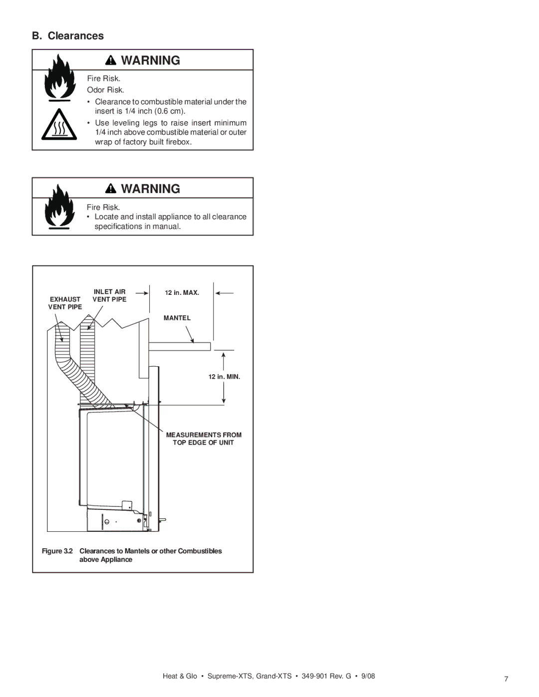 Hearth and Home Technologies Supreme-XTS, Grand-XTS Clearances to Mantels or other Combustibles above Appliance 