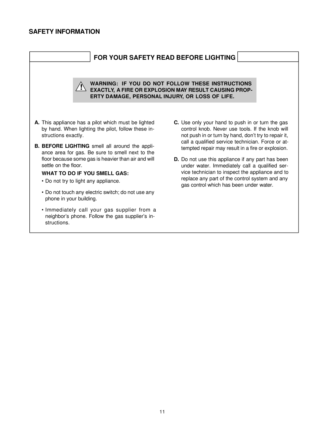 Hearth and Home Technologies GRL-700-AU manual Safety Information For Your Safety Read Before Lighting 