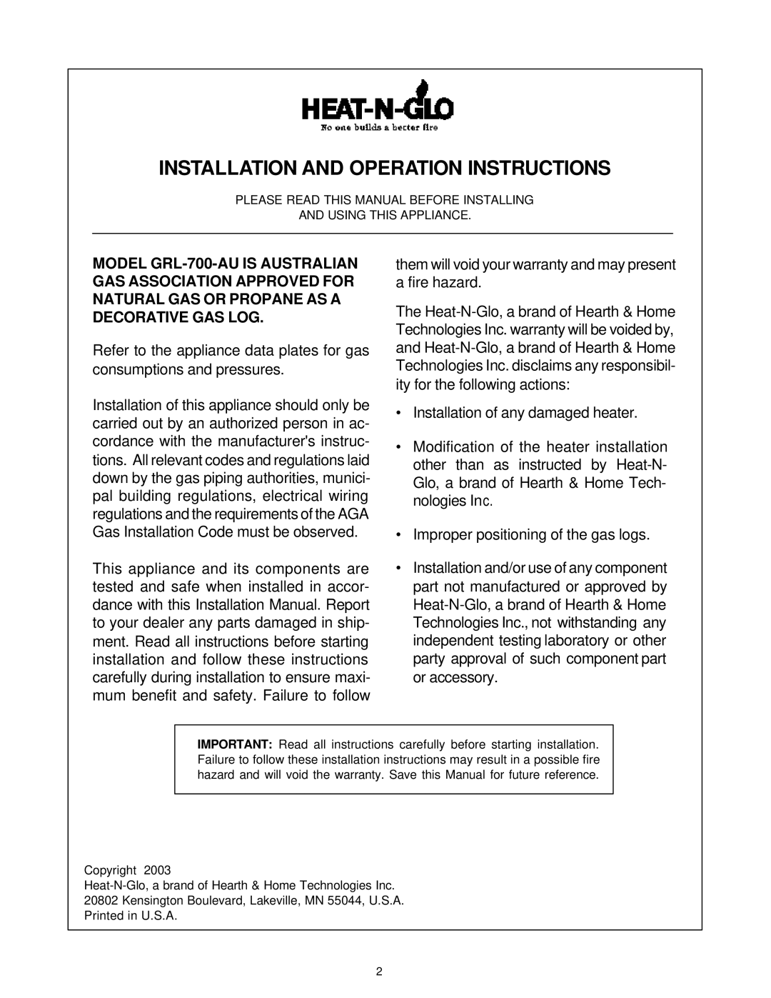 Hearth and Home Technologies GRL-700-AU manual Installation and Operation Instructions 