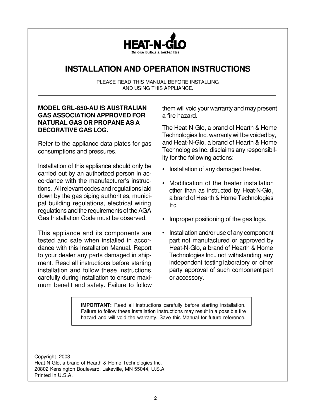 Hearth and Home Technologies GRL-850-AU manual Installation and Operation Instructions 