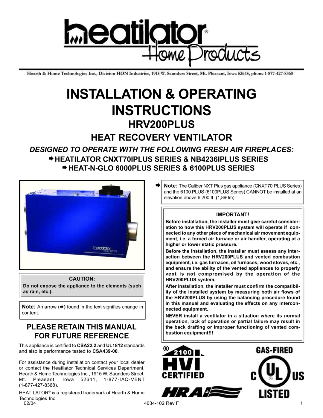 Hearth and Home Technologies HRV200PLUS manual Installation & Operating Instructions, Heat Recovery Ventilator 