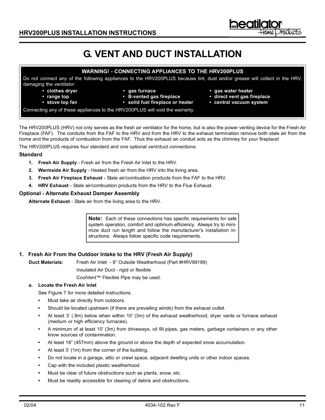 Hearth and Home Technologies HRV200PLUS Vent and Duct Installation, Standard, Optional Alternate Exhaust Damper Assembly 