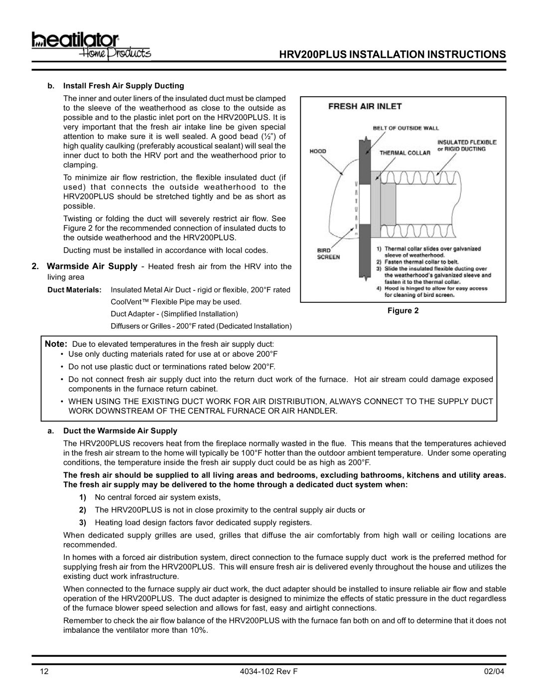 Hearth and Home Technologies HRV200PLUS manual Install Fresh Air Supply Ducting, Duct the Warmside Air Supply 
